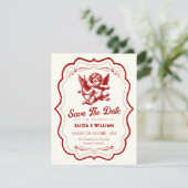 Red cupid angel wedding save the date (Staand voorkant)