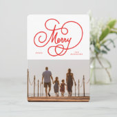 Red Cursive Colorful Merry Flourish Photo Feestdagenkaart (Staand voorkant)