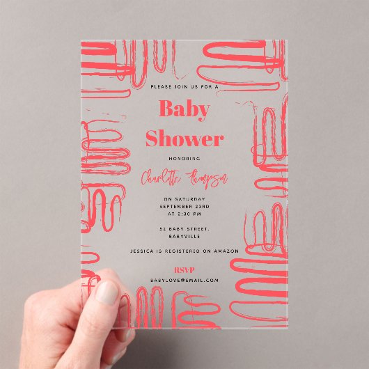 Red Curve Wavy Squiggle Abstract Baby Shower Acryl Uitnodigingen (Insitu (Draagbaar))