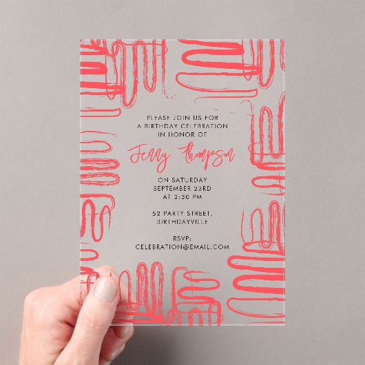 Red Curve Wavy Squiggle Abstract Birthday Party Acryl Uitnodigingen (Insitu (Draagbaar))