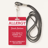 Red Custom Kinder Food Allergy Alert Persoonlijk Badge (Voorkant met draagriem)