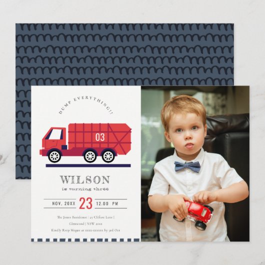 Red Cute Garbage Truck Enfants Photo Invitation d' (Devant / Derrière)