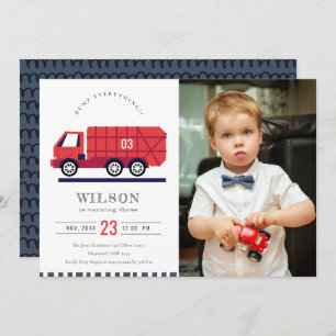 Red Cute Garbage Truck Kinder Foto Birthday Invite Bedankkaart