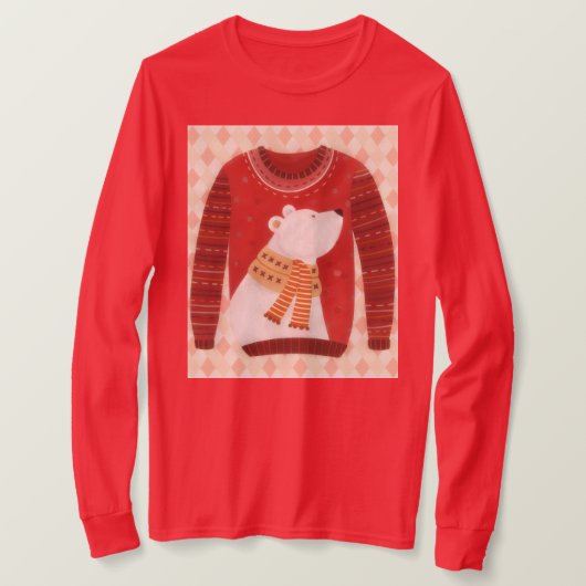 Red Cute Polar Bear Ugly Sweater Art on T-Shirt (Design voorkant)