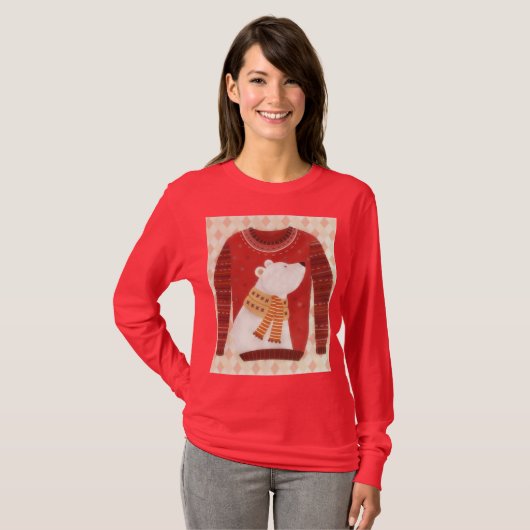 Red Cute Polar Bear Ugly Sweater Art on T-Shirt (Devant entier)
