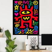 Red Cyclops Alien – Funky Neon Pop Kunstmonster Poster (Thuiskantoor)