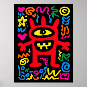Red Cyclops Alien – Funky Neon Pop Kunstmonster Poster