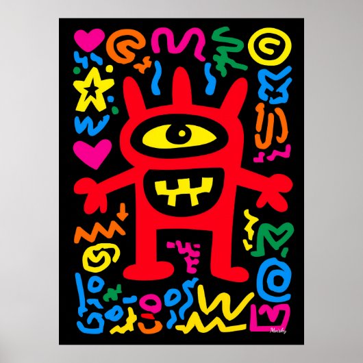 Red Cyclops Alien – Funky Neon Pop Kunstmonster Poster (Voorkant)