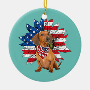 Red Dachshund Sunflower American Flag Keramisch Ornament