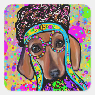 RED DACHSHUND VIERKANTE STICKER