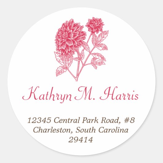 Red dahlia simple elegance circle address label (Voorkant)