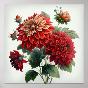 Red Dahlias Bloemenkunst Print Poster