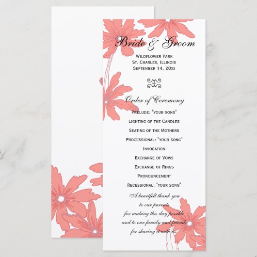 Red Daisies on White Wedding Programme (Devant / Derrière)