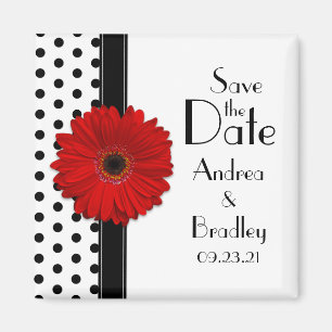 Red Daisy Black White Polka Dot Save the Date Magneet
