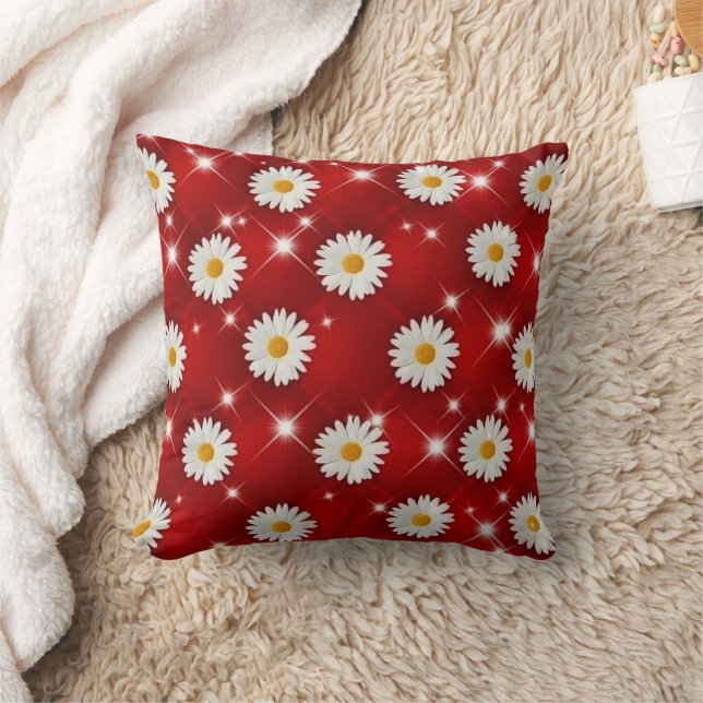 Red Daisy Floral Sparkle Throw Pillow Kussen (Deken)
