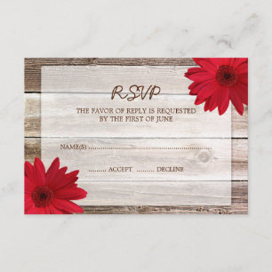 Red Daisy Grange Wood Wedding Carte de réponse RSV
