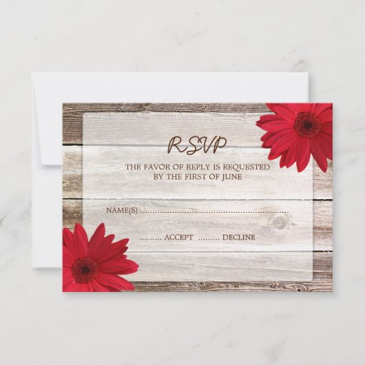 Red Daisy Grange Wood Wedding Carte de réponse RSV (Devant)