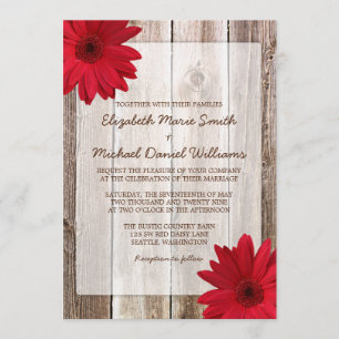 Red Daisy Rustic Barn Wood Wedding Kaart