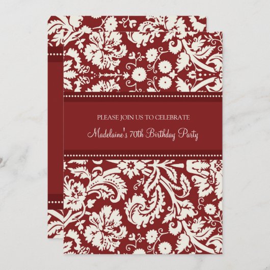 Red Damask 70th Birthday Party Invitations (Devant / Derrière)