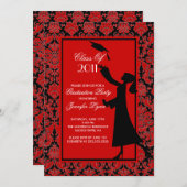 Red Damask Afstuderen Invitation Silhouette Afstud Kaart (Voorkant / Achterkant)
