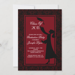 Red Damask Afstuderen Invitation Silhouette Afstud Kaart