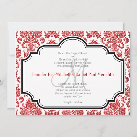 Red Damask  Black White Wedding Invitations Kaart (Voorkant)