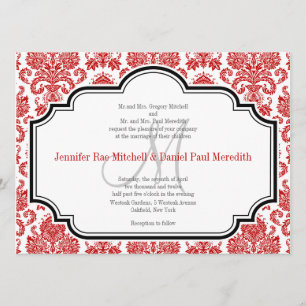 Red Damask  Black White Wedding Invitations Kaart