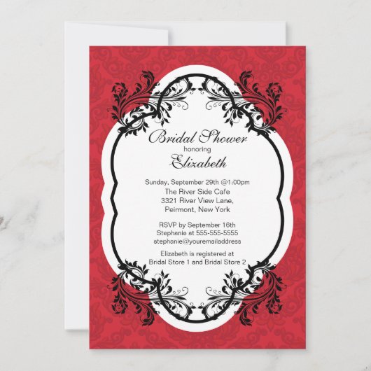 Red Damask Bridal Shower Invitation Kaart (Voorkant)