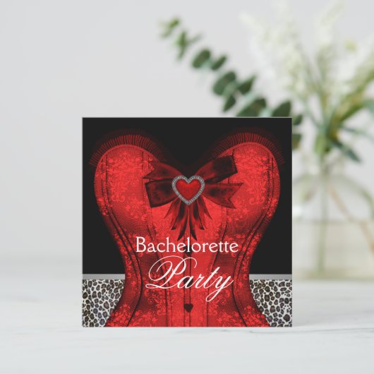 Red Damask Corset Leopard Bachelorette Party Kaart (Staand voorkant)