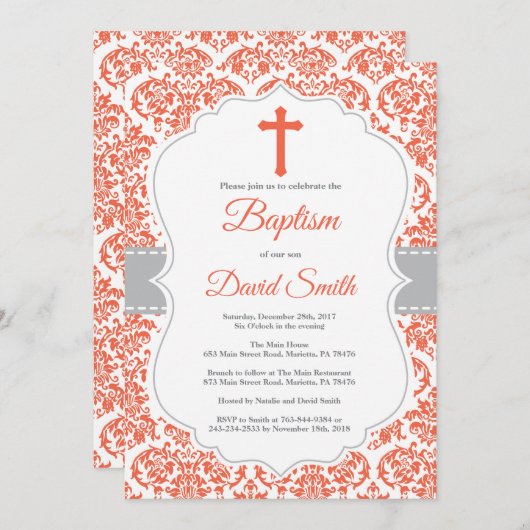 Red Damask Cross Baptism Invitation (Devant / Derrière)