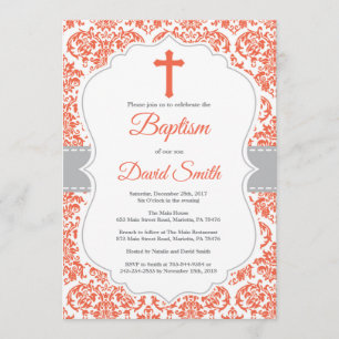 Red Damask Cross Baptisme Invitation Kaart