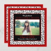 Red Damask Floral Foto Afstuderen Invitation Kaart (Voorkant / Achterkant)