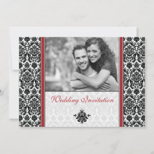 Red Damask Foto Wedding Invitation Kaart