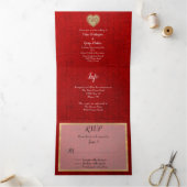 Red Damask Gouden Hart Alles In Een Huwelijk Drieluik Uitnodiging (Binnen)