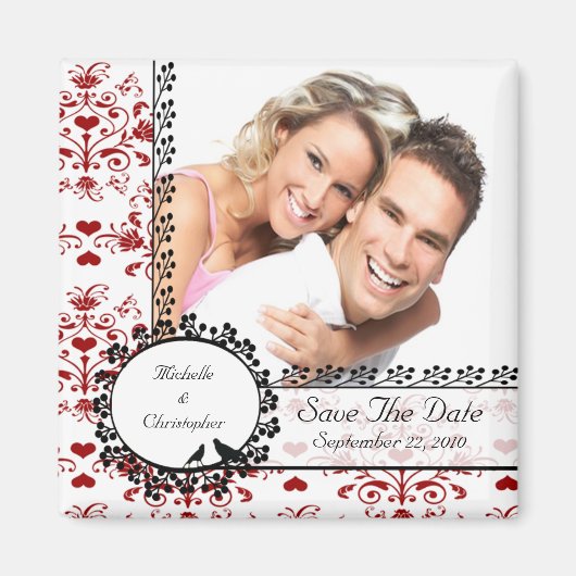 Red Damask Inséparables Photo Save The Date Magnet (Devant)