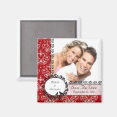 Red Damask Inséparables Photo Save The Date Magnet (Recto/Verso)