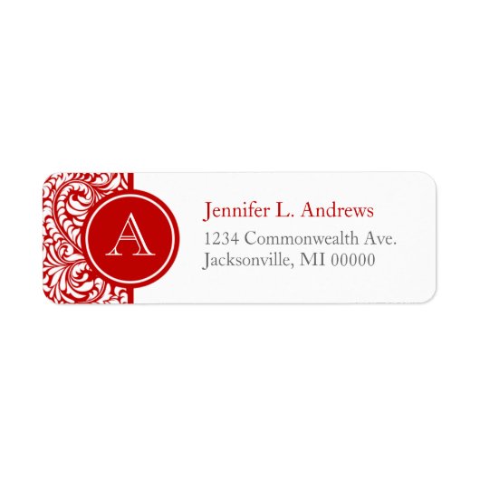 Red Damask Monogram Return Address Labels (Voorkant)
