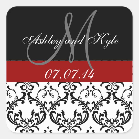 Red Damask Monogram Sla de datum Stickers op (Voorkant)