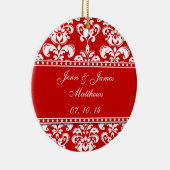 Red Damask Names Date Wedding Ornaments Keramisch Ornament (Rechts)
