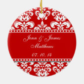 Red Damask Names Date Wedding Ornaments Keramisch Ornament (Achterkant)