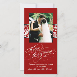 Red Damask Nieuwste Huwden Eerste Kerstkaart