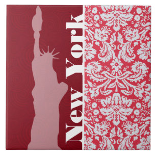 Red Damask Patroon; New York; Vrijheidsbeeld Tegeltje