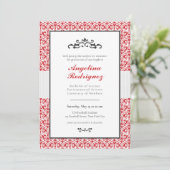Red Damask Pattern Foto Afstuderen Invitation Kaart (Staand voorkant)