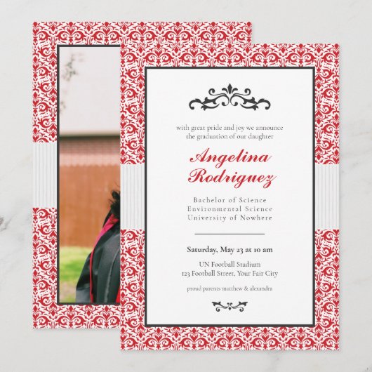 Red Damask Pattern Foto Afstuderen Invitation Kaart (Voorkant / Achterkant)
