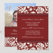 Red Damask Photo Engagement Party Uitnodigingen (Voorkant / Achterkant)