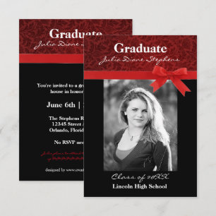 Red Damask & Red Bow - 3x5 Faire-part de graduatio