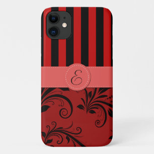 Red Damask, Red Stripes, Striped, Monogram iPhone 11 Hoesje