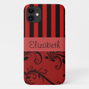 Red Damask, Rode Stripes, Striped, Jouw naam iPhone 11 Hoesje