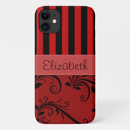 Red Damask, Rode Stripes, Striped, Jouw naam Case-Mate iPhone Case (Achterkant)