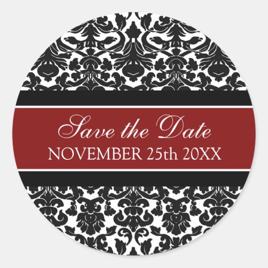 Red Damask Sla de datumenvelopverzegeling op Ronde Sticker (Voorkant)